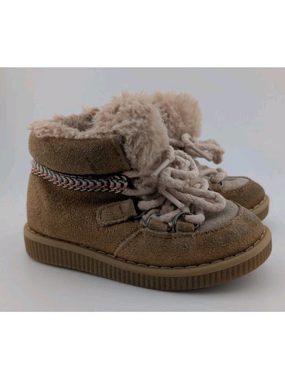 Zara Baby UK 20 US 4.5 Moccasin Lace Up Suede Boot Tan Fur Lining